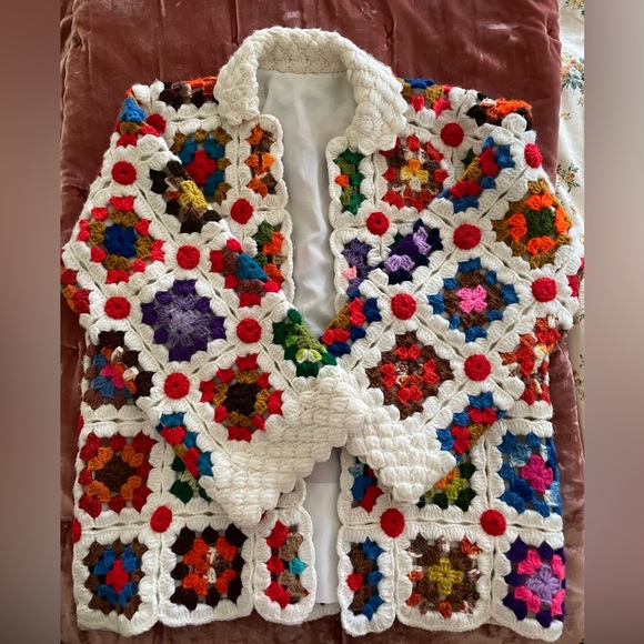 Vintage Sweaters - Psychedelic Handmade Crochet Patchwork Sweater, size M/L